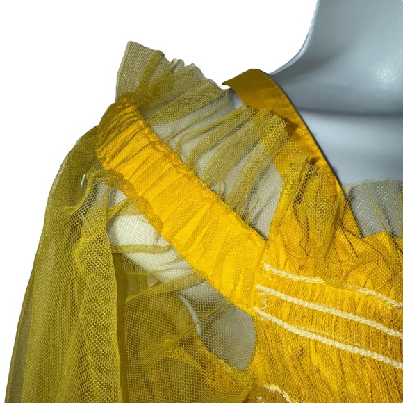 IRIS Bright Lemon Yellow Smocked Cold Shoulder Tulle Puff Sleeve Peplum Top M - Picture 4 of 8
